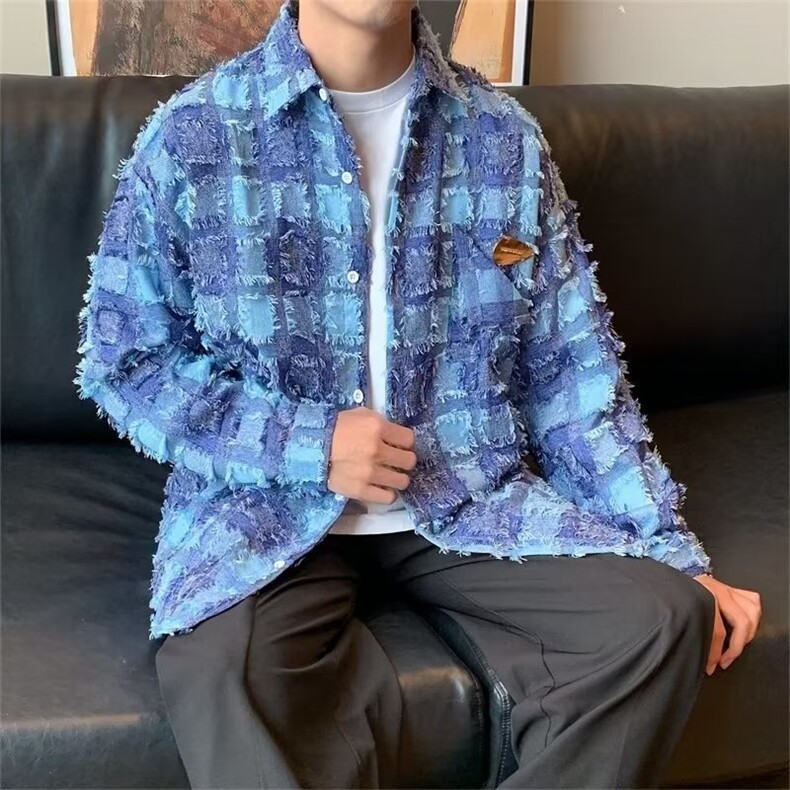 格子长袖衬衫男春秋款高级感潮牌痞帅衬衣外套美式复古设计C639,男装衬衫,星座1116A-1（原606A）