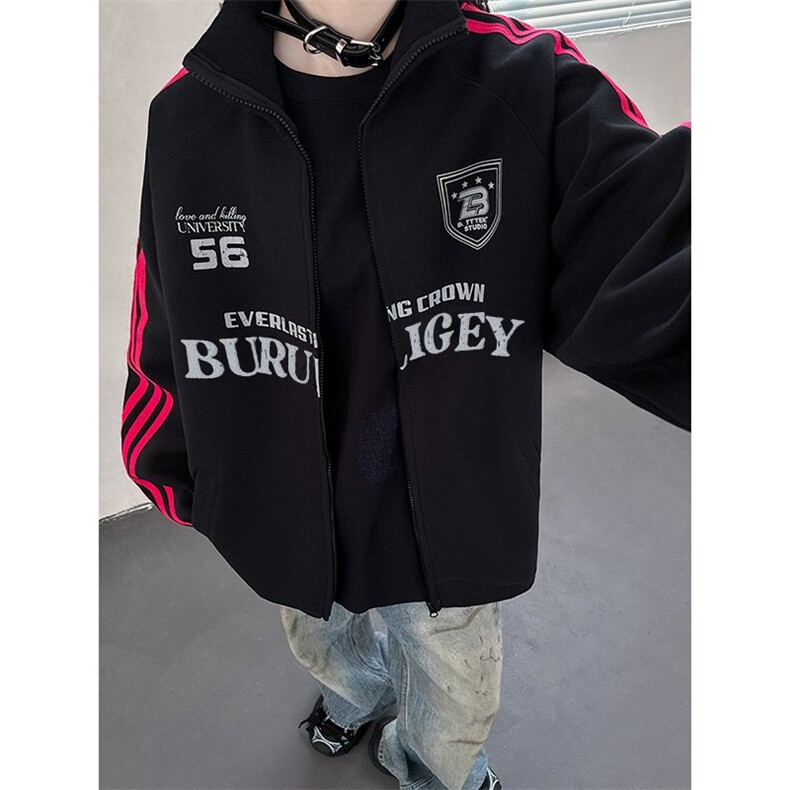 复古拉链条纹开衫外套男女秋季运动宽松情侣夹克WC73，男装夹克，星座1116A（原606A-3）