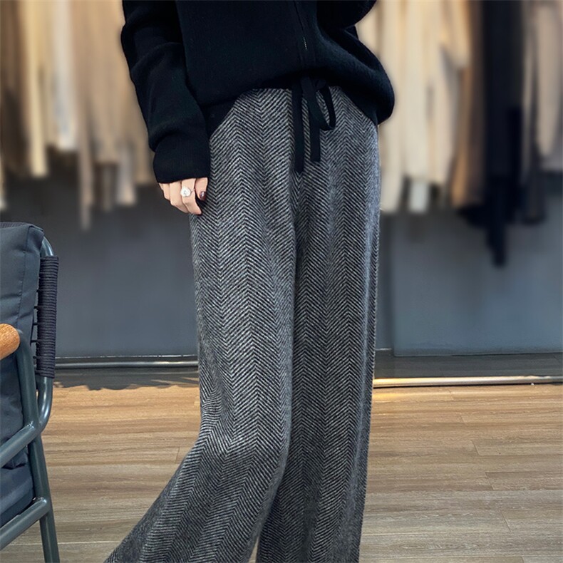 2024秋冬新款高腰羊毛裤女士休闲裤针织束腰阔腿裤长裤裤子，女装休闲裤，蒙莲贝斯