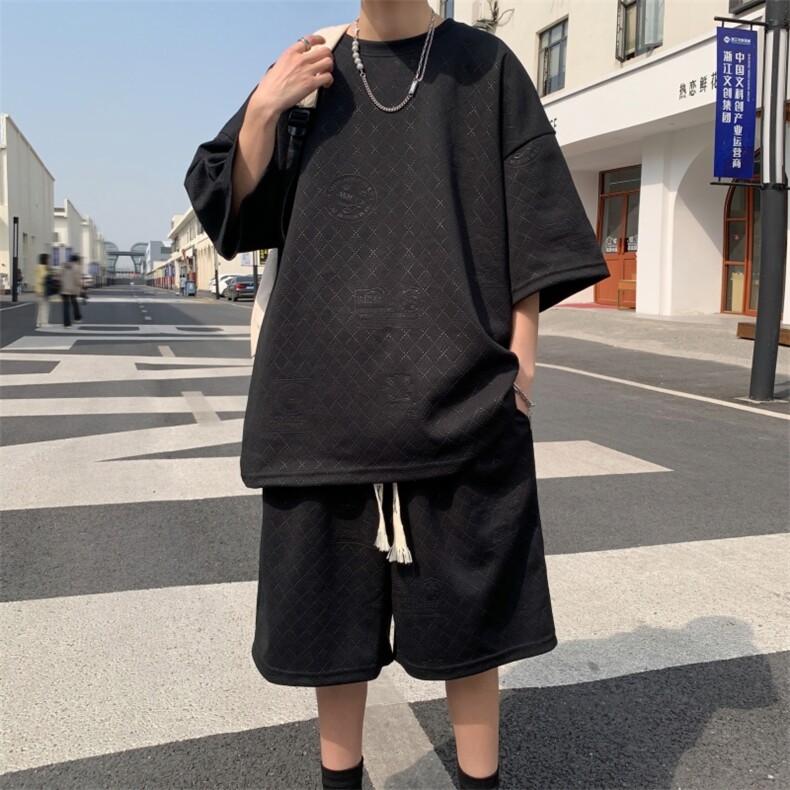 新款夏季短袖T恤套装港风吸汗凉爽宽松休闲潮流男装TZ5908P70,男装休闲套装,电商A086