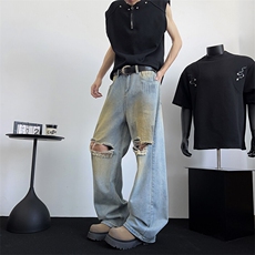 美式高街做旧破洞牛仔裤男春夏直筒微喇阔腿长裤子NK109-P50，男装牛仔裤，星座308B-1