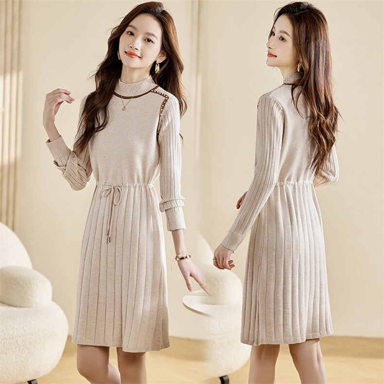 时尚显瘦高领针织连衣裙修身抽绳收腰拼色长袖毛衣裙，女装连衣裙，魅丽静蓝