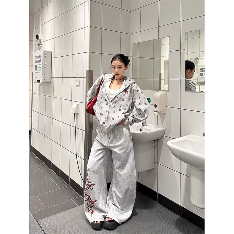 美式慵懒休闲星星印花抽绳弯刀卫裤宽松百搭拖地跳舞长裤CA15,男装休闲裤,星座516A