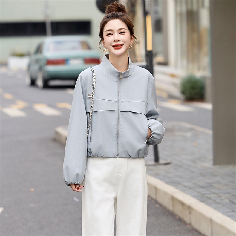 气质翻领夹克外套女短款2025春秋新款韩系减龄纯色休闲百搭上衣,女装皮衣,魅丽静蓝