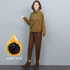 时尚印花卫衣套装女秋冬季加绒加厚宽松显瘦两件套休闲百搭长袖上衣+阔腿裤，女装套装/套裙，璐依舞