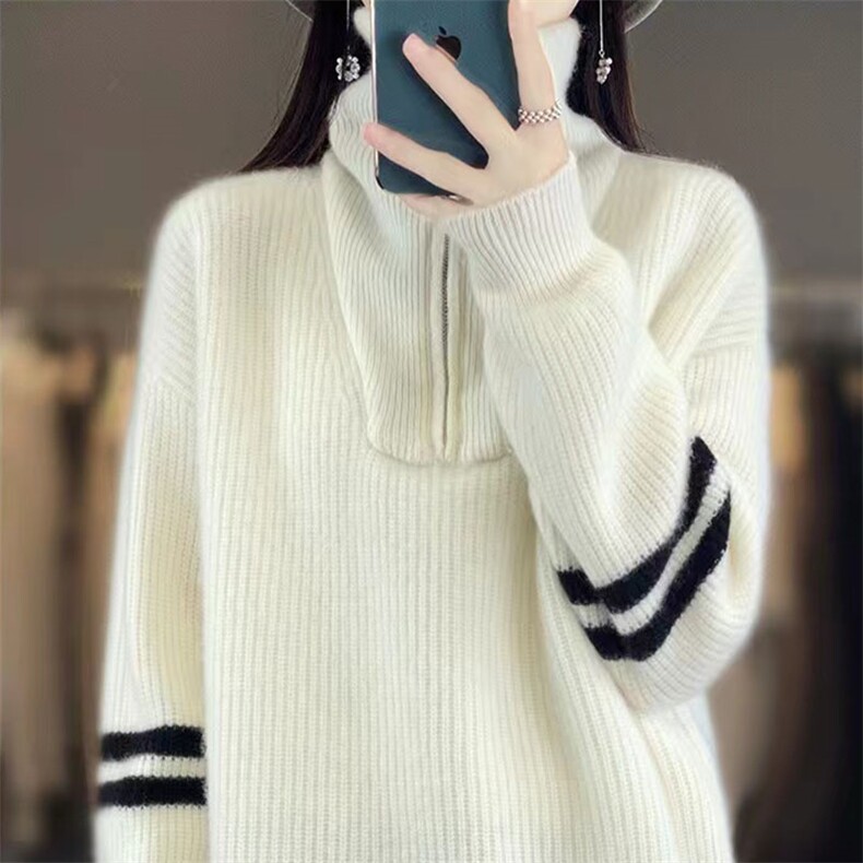时尚百搭气质通勤女士半拉链针织打底衫显瘦修身长袖毛衣,针织衫/毛衣,萱芳婷羊绒