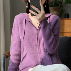2025秋冬100%纯羊毛开衫女双拉链连帽外套宽松羊绒衫针织长袖毛衣，女装针织衫/毛衣，艾驰羊绒