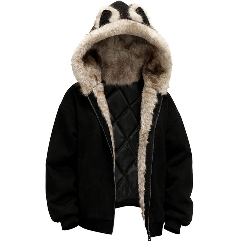 现货重磅硬挺boxy羽绒棉衣座山雕猫耳大毛毛领麂皮棉服冬外套，男装棉衣，电商A486-1