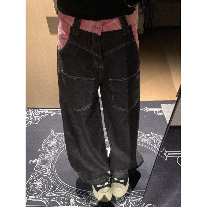 CP1215-P55美式粉格拼接廓形弯刀牛仔裤女2025设计感宽松阔腿裤,男装牛仔裤,电商B323A