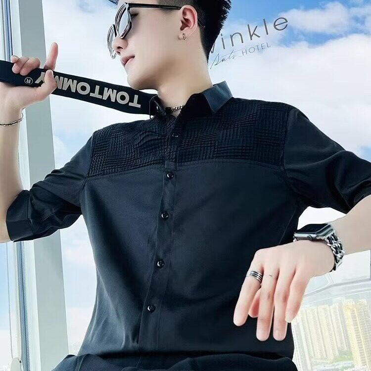 冰丝衬衫男款短袖痞帅潮流七分袖2025新款设计感高级潮牌中袖套装,男装衬衫,电商B212（原钱塘6029）