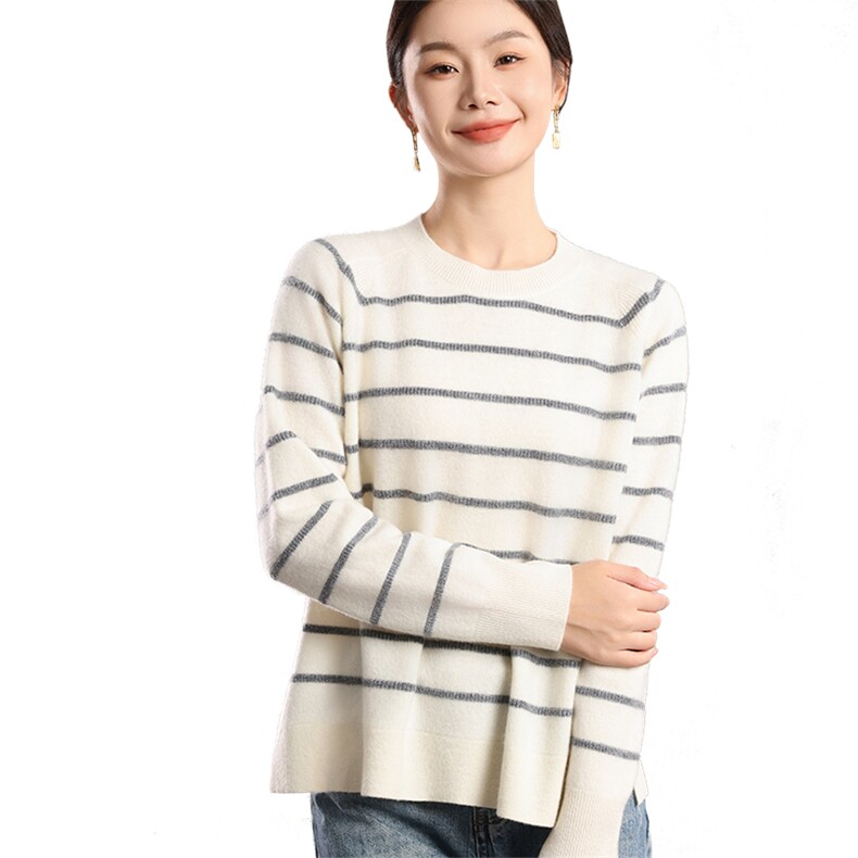 圆领长袖套头2024年秋季条纹时尚针织衫,女装羊毛衫,若菲羊绒