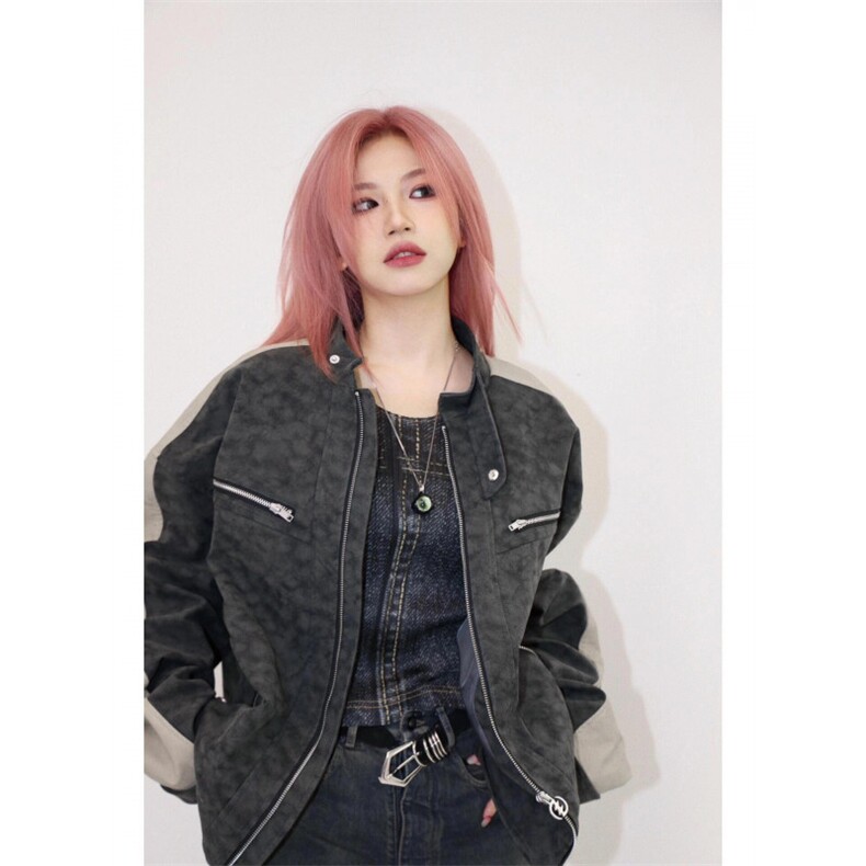 网络图现货美式潮牌复古机车磨砂拼皮立领棒球服皮衣JK8553-P75，男装皮衣，星座715-7