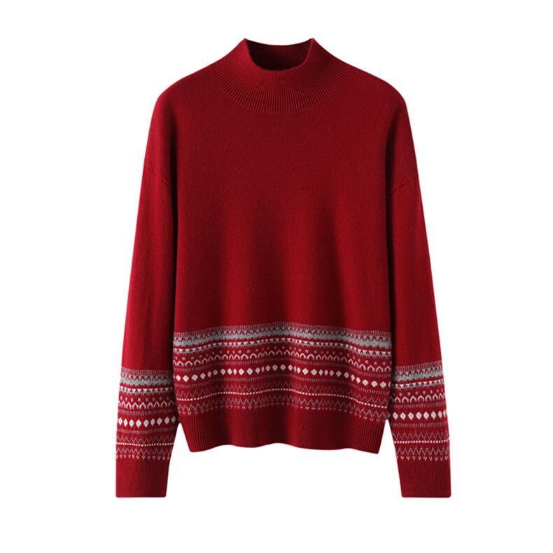 费尔岛图案落肩宽松半高2025年春季气质羊绒衫，女装羊绒衫，东业羊绒