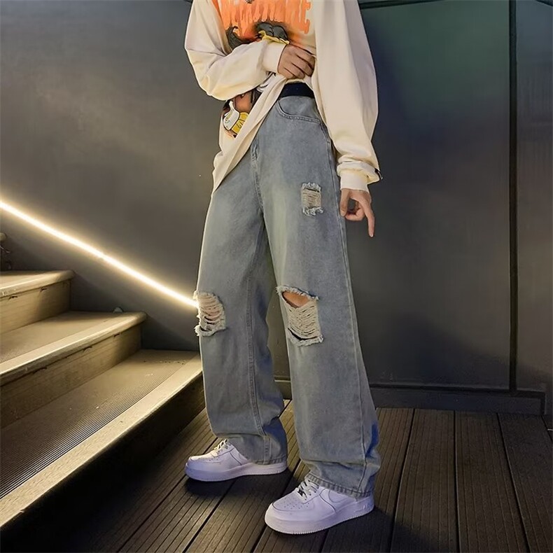 美式复古破洞牛仔裤男水洗做旧裤子高街潮ins拖地裤垂感N7280-P40图片