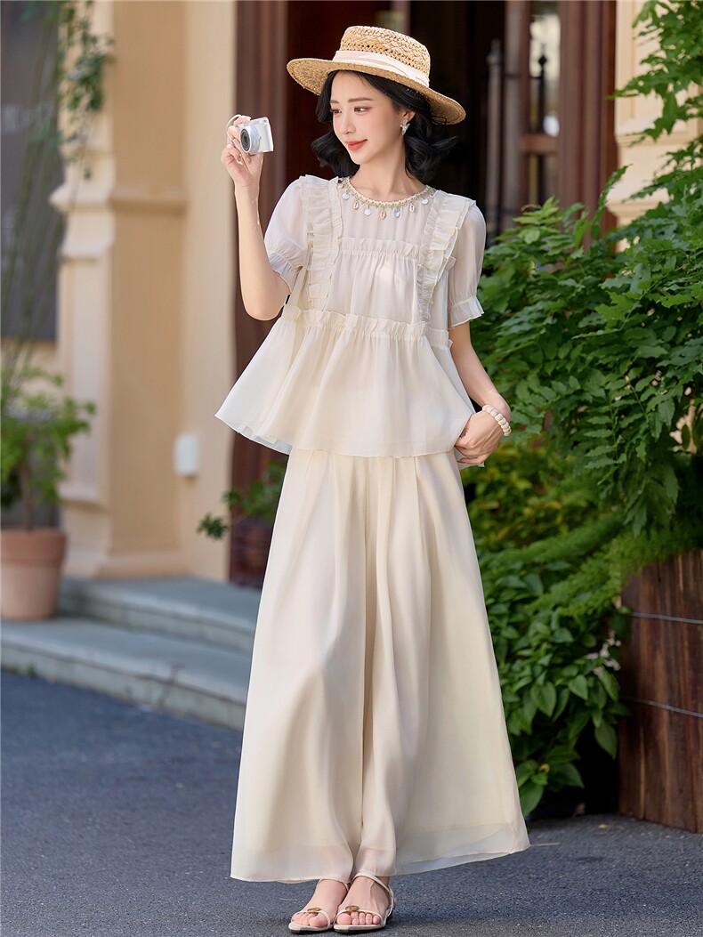 超仙时尚雪纺套装女2026夏新款半透减龄无袖木耳边阔腿裙裤两件套,女装套装/套裙,水衣源