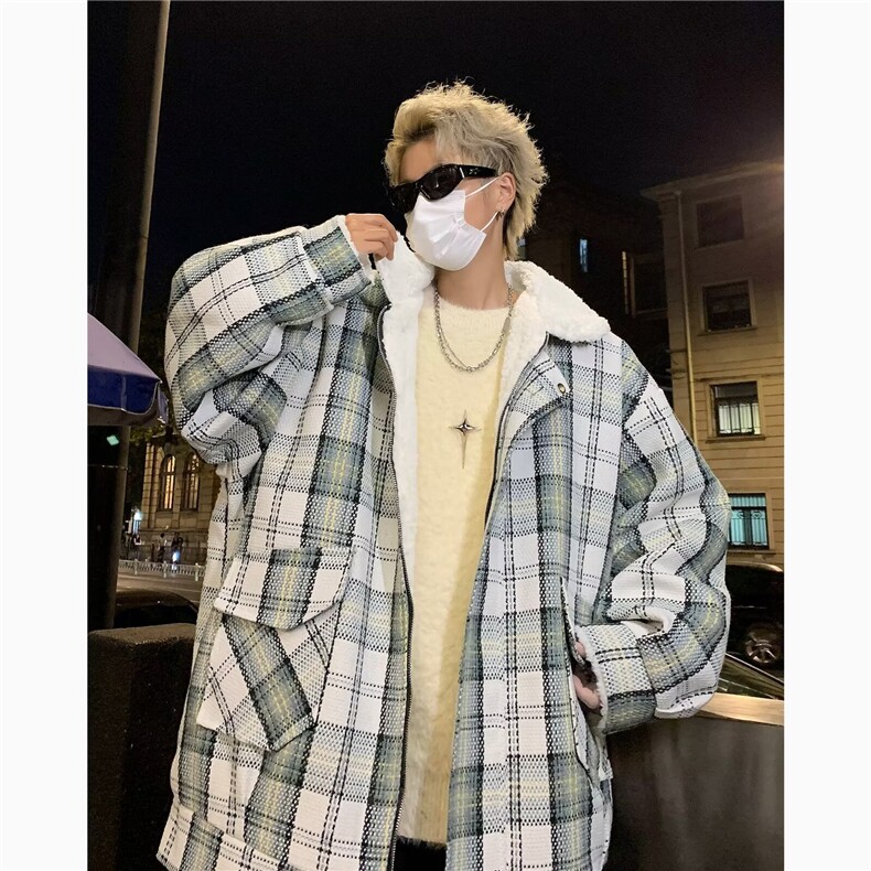 美式复古外套男秋冬季羊羔毛棉服加厚小香风宽松格子棉 M8029 P88图片