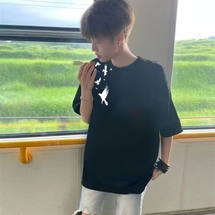 100%纯棉美式复古街头飞鸟短袖T恤男潮牌夏季宽松百搭学生上衣薄,男装T恤,星座506A