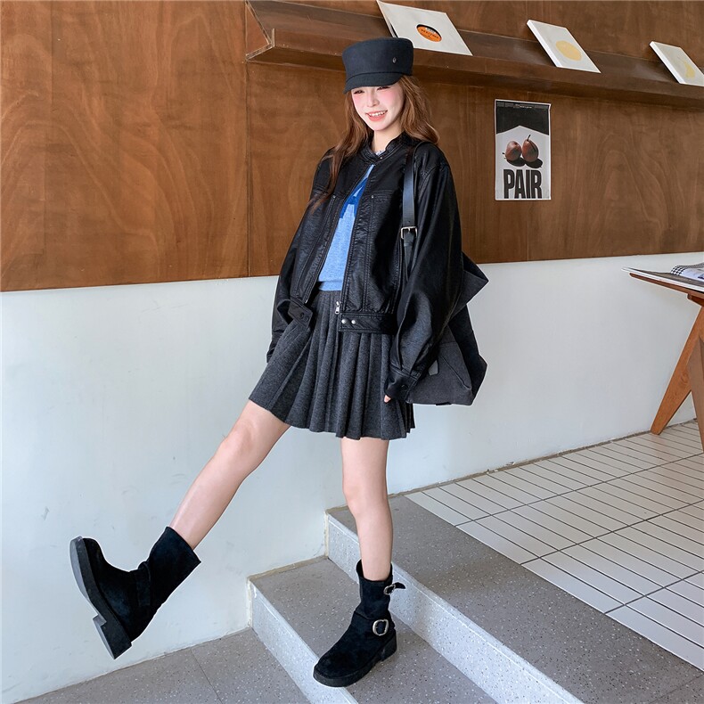 黑色复古短款皮衣女2025秋季新款甜酷风小个子高级感减龄机车夹克,女装短外套,2C326