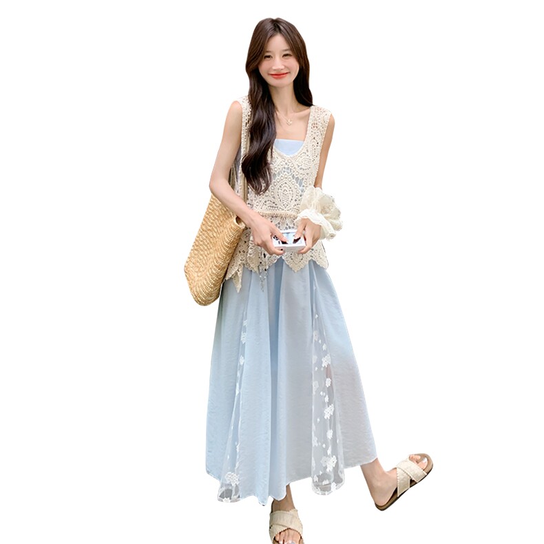 现货2D078-T2053-P155K238拼接设计吊带连衣裙+钩花罩衫两件套,女装套装/套裙,2D078