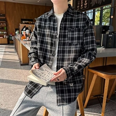 长袖格子衬衫男春秋季宽松韩版时尚潮流休闲外穿磨毛衬衣外套C14，男装衬衫，星座506