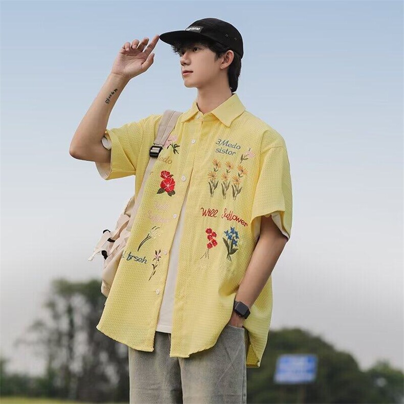 2025夏复古彩色花卉刺绣短袖衬衫C5234,男装T恤,星座1108
