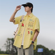 2025夏复古彩色花卉刺绣短袖衬衫C5234，男装T恤，星座1108