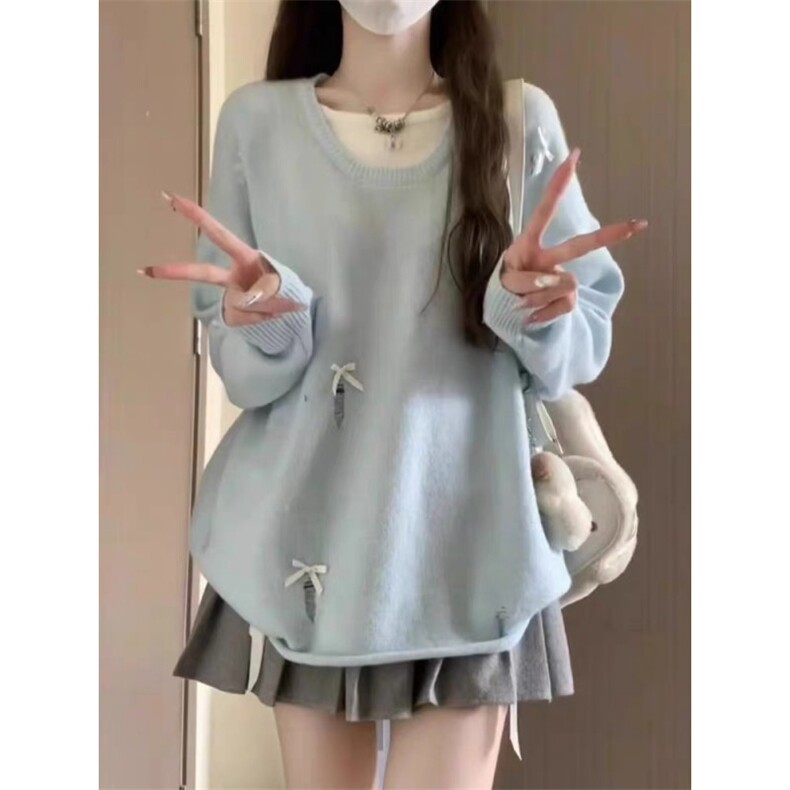 MM128-P65奶蓝色软糯毛衣早秋设计感慵懒风宽松甜美针织上衣潮,针织衫/毛衣,星座617A-2