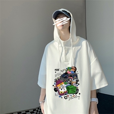 夏季港风冰丝宽松连帽短袖t恤五分体恤上衣TLM459-P40控58，男装T恤，电商B370