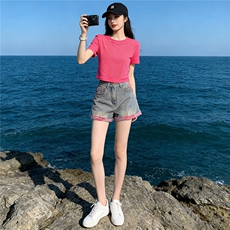 韩版休闲时尚套装女夏新款玫红色圆领短袖上衣破洞牛仔短裤两件套，女装套装/套裙，江南
