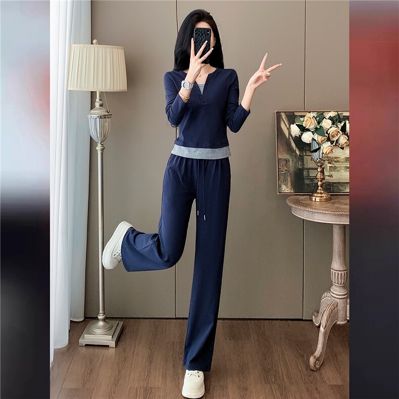 高品质时尚气质减龄套装女初秋新款拼接假两件上衣阔腿长裤两件套,女装套装/套裙,江南