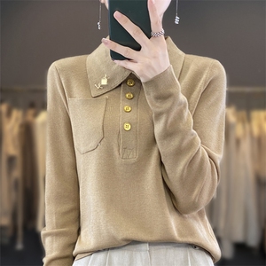 新款POLO领长袖针织打底衫女式宽松大气胸针内搭羊毛外套女图片