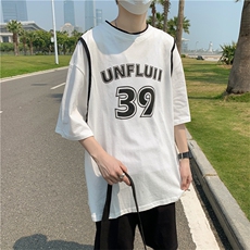 ins夏季假两件五分袖t恤男帅气流行短袖体恤运动球衣T281-P28，男装T恤，星座512-2