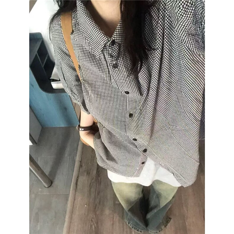 森系叠穿格子短袖衬衫女ins宽松遮肉显瘦情侣款衬衣外穿开衫上衣,男装衬衫,星座1210-1