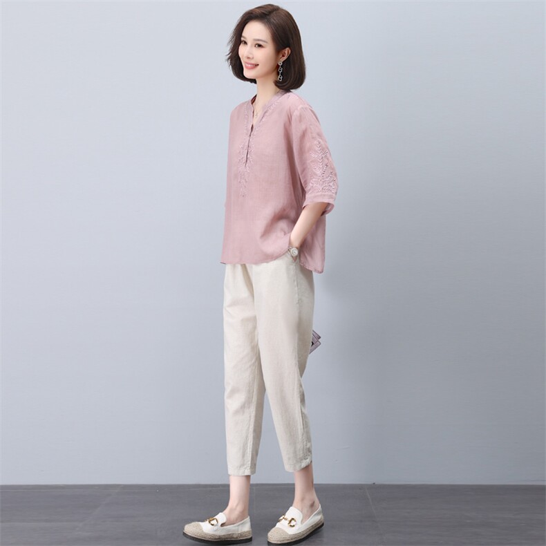 妈妈棉麻衬衫短袖女夏季时尚两件套2024新款中老年洋气阔腿裤套装,女装套装/套裙,希欧阁
