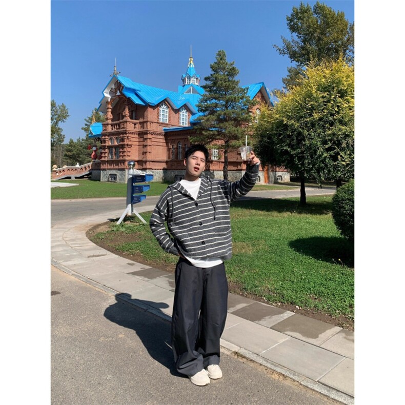 秋冬条纹连帽毛衣男女同款美式复古针织开衫外套潮流M9574-P66,男装针织衫/毛衣,星座208-5