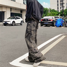 复古烟灰色微喇裤高街美式vintage裤子潮牌男水洗1393-P83，男装休闲裤，星座910-5