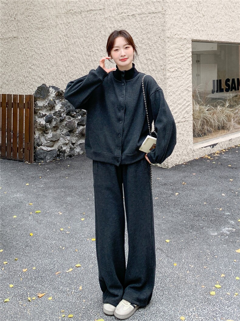 灰色松弛感加绒加厚立领卫衣两件套女2025冬季新款学院风显瘦卫裤,女装套装/套裙,艾米莉亚