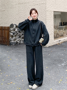 灰色松弛感加绒加厚立领卫衣两件套女2025冬季新款学院风显瘦卫裤图片
