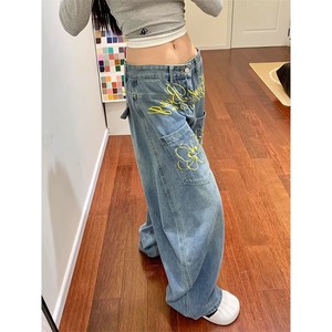 美式复古字母刺绣弯刀牛仔裤cleanfit反穿口袋蝴蝶刺绣垂感阔腿裤图片