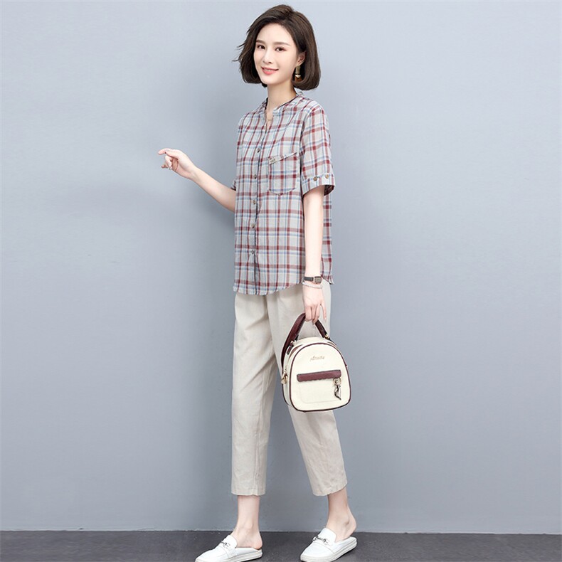 时尚套装女夏装两件套棉麻格子衬衫洋气矮个子显高减龄亚麻休闲裤,女装套装/套裙,忆绮罗