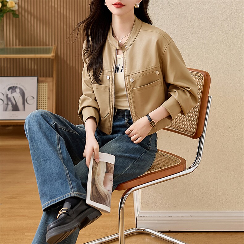 现货复古短款皮衣外套女2024春秋新款PU皮机车服秋季女式皮夹克,女装皮衣,江南女神