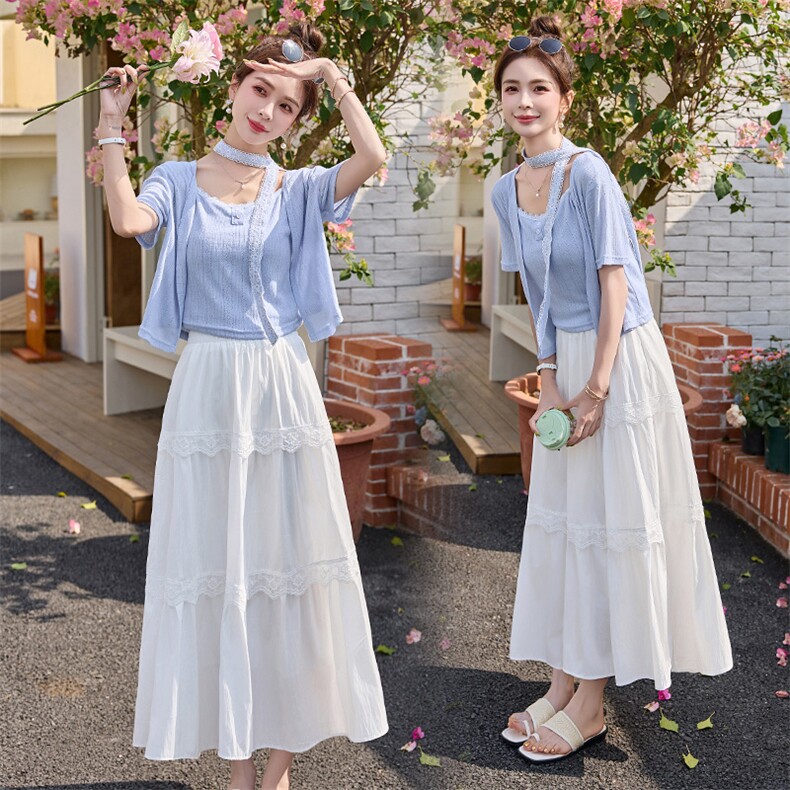 官方时尚套装女2025年夏季新款吊带开衫白色半身裙三件套，女装套装/套裙，韩美纤衣