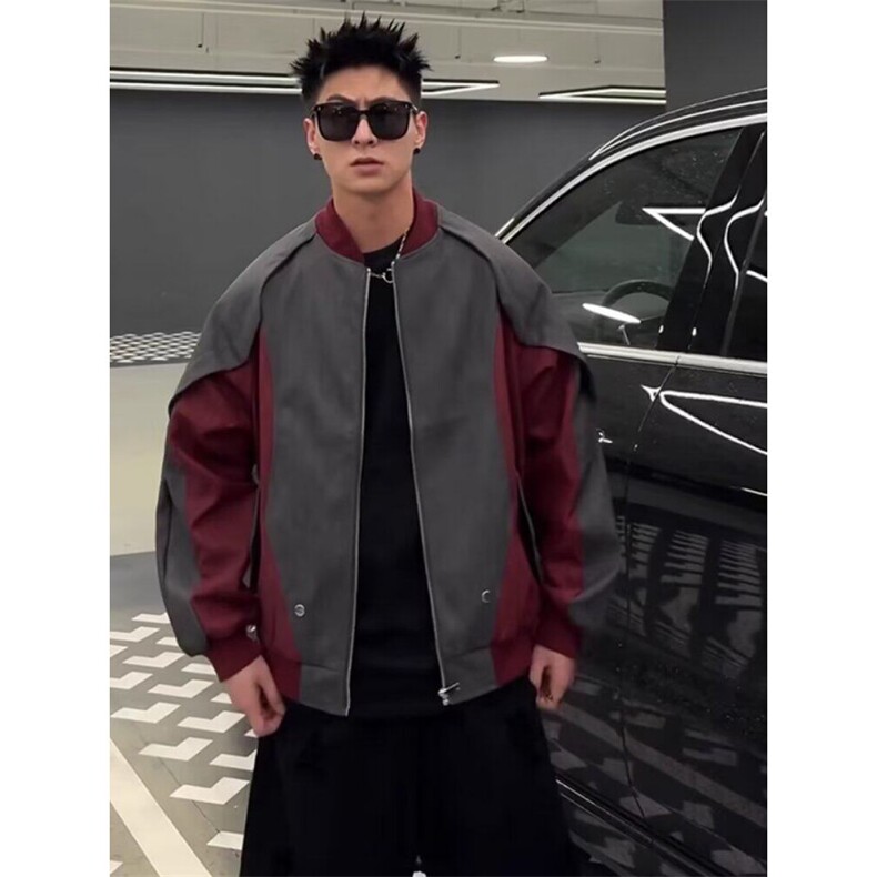 美式小众解构拼接皮衣外套男流街头撞色棒球服夹克上衣W6425-P79,男装夹克,星座412-1