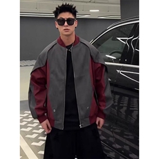 美式小众解构拼接皮衣外套男流街头撞色棒球服夹克上衣W6425-P79，男装夹克，星座412-1