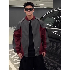 美式小众解构拼接皮衣外套男流街头撞色棒球服夹克上衣W6425-P79图片
