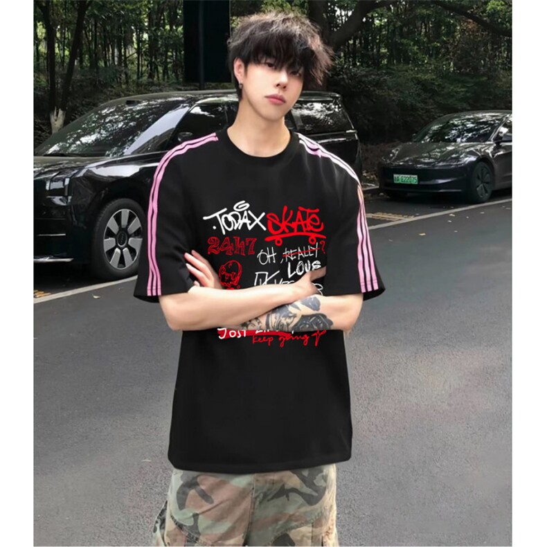 抖音得物品质二开240克宽松纯棉美式潮牌印花三条杠中性风短袖T恤，男装T恤，电商A486