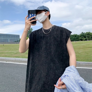 抖音得物品质二开240克重磅美式高街纯棉水洗做旧复古无袖T恤背心图片