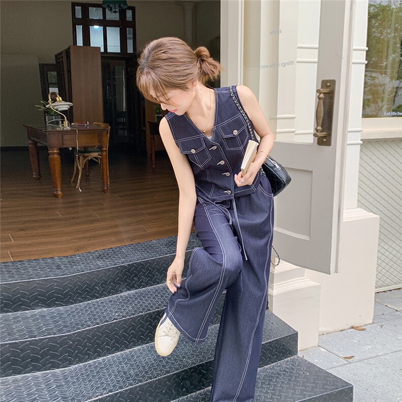 2C051-宽松时尚马甲显瘦牛仔色天丝两件套-S217-P165-K238,女装套装/套裙,2C051