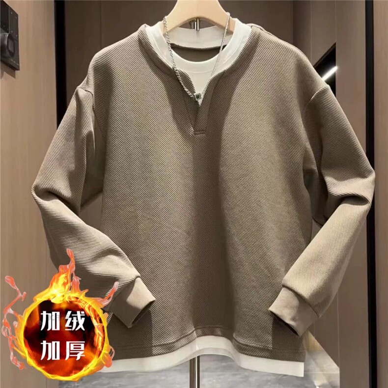 新款高克重假两件圆领卫衣男时尚百搭休闲宽松加绒上衣WY164P45,男装卫衣,星座1013-5