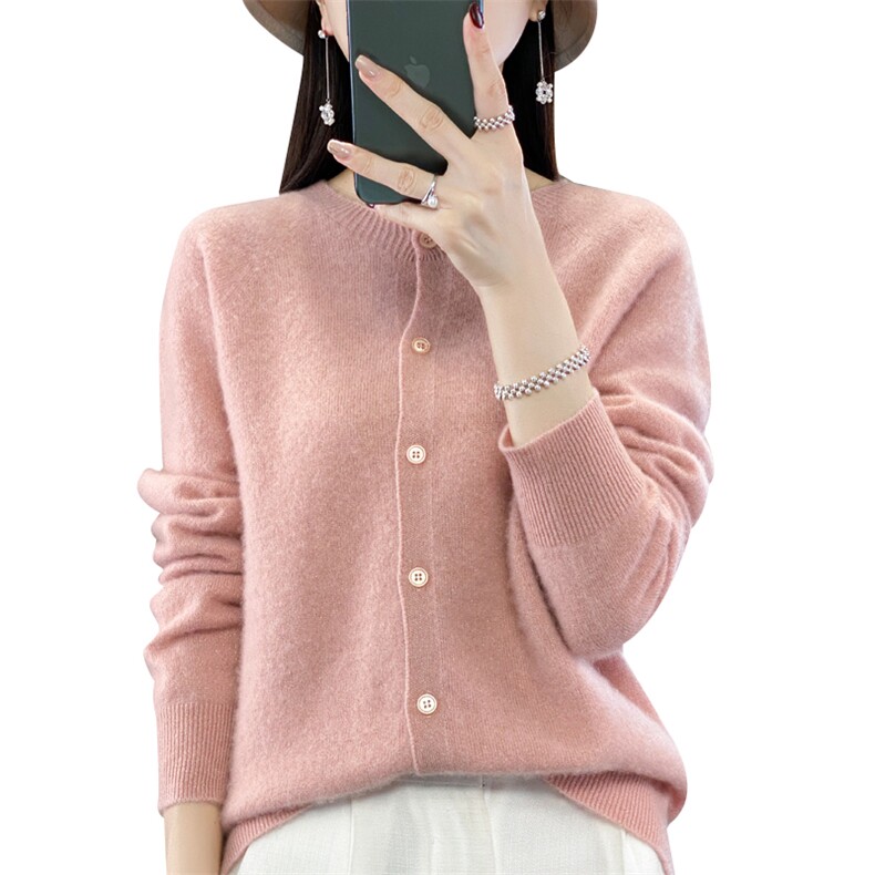 25新款100%纯羊毛开衫女POLO领针织羊绒衫外套宽松纯色长袖打底衫,女装羊毛衫,鲁菏羊绒